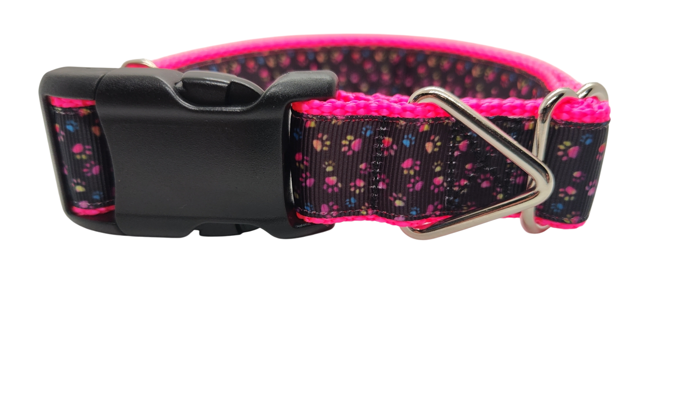 Colorful Pawprints Nylon Dog Collar, Leash: Metal Buckle / 6 Ft Leash
