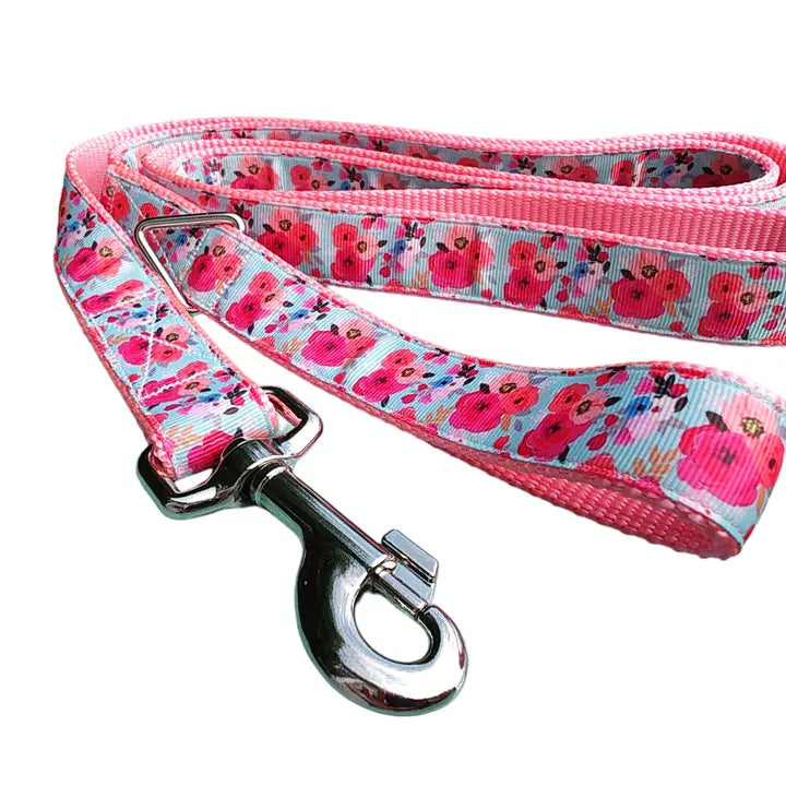 Pink Floral Nylon Dog Collar Md, Lg, Xl, Leash
