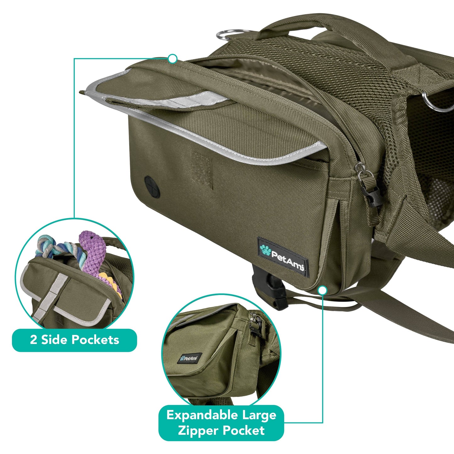 Deluxe Dog Harness Saddle Bag Backpack: Green / Medium
