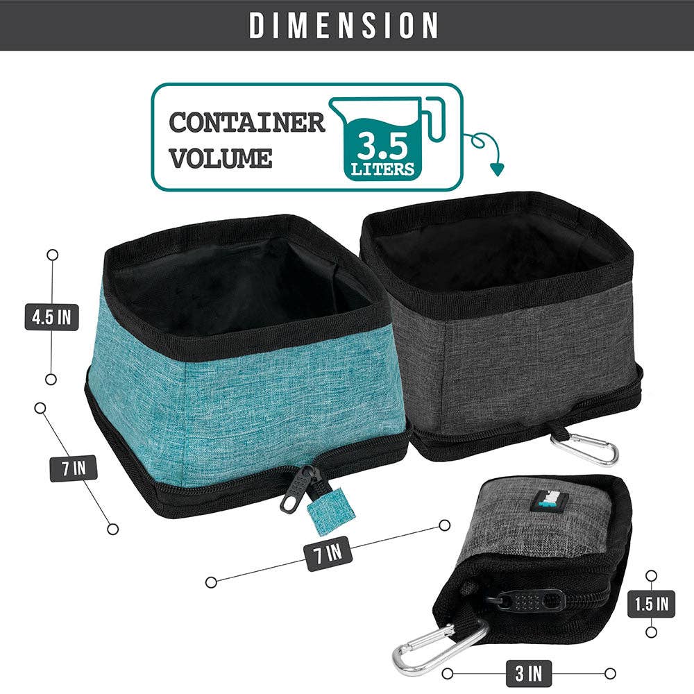 Classic Collapsible Pet Travel Bowls: Heather Turquoise & Charcoal / 2 Bowls - 3.5L / each