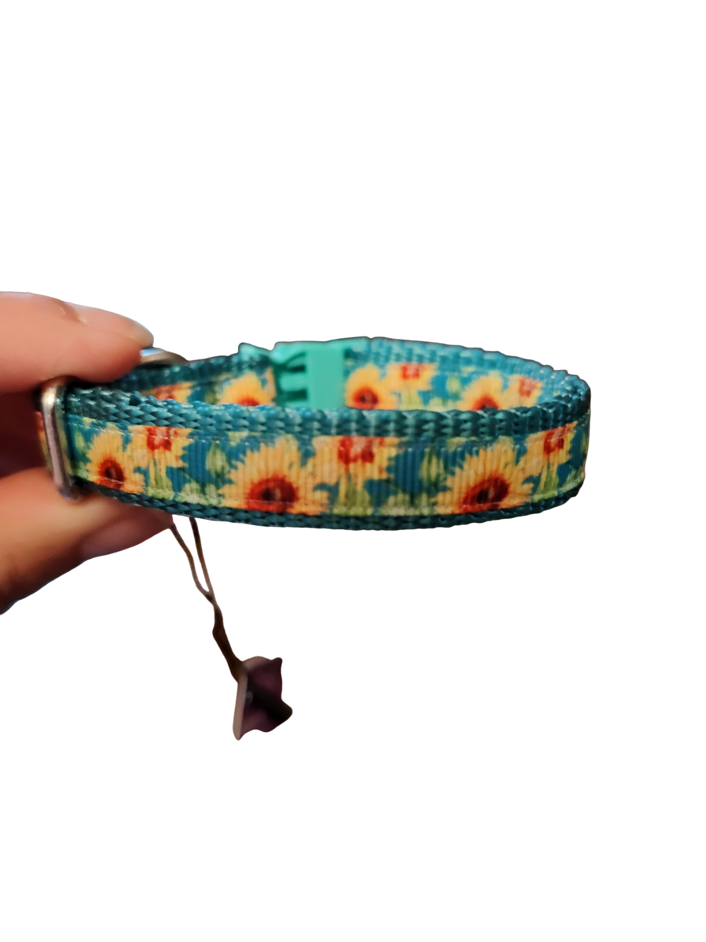 1/2" Sunflowers On Teal Nylon Dog / Cat Collar: Reg Buckle / SM